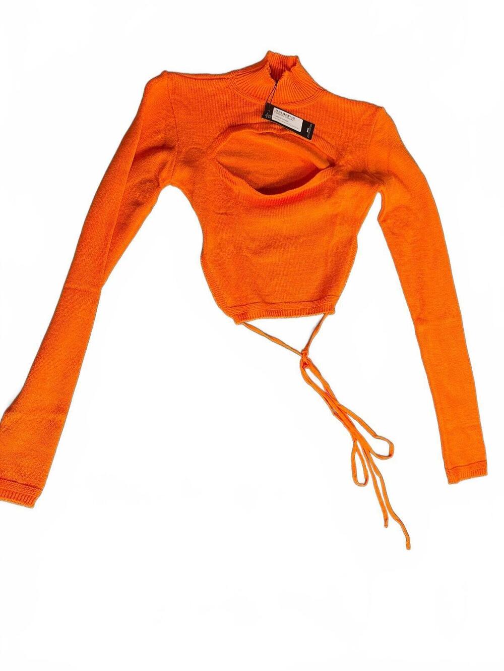 PrettyLittleThing size Small Orange Tie Back Long Sleeve Knit Crop Top - Size S